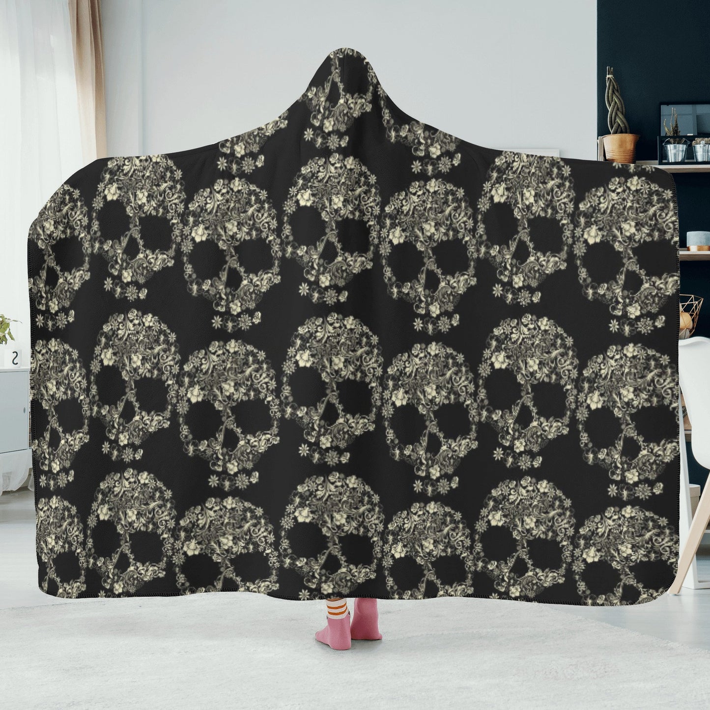 Candy skull blanket hoodie, floral sugar skull hooded blanket adult, calaveras skull warm blanket, mexican skull flannel hooded blanket