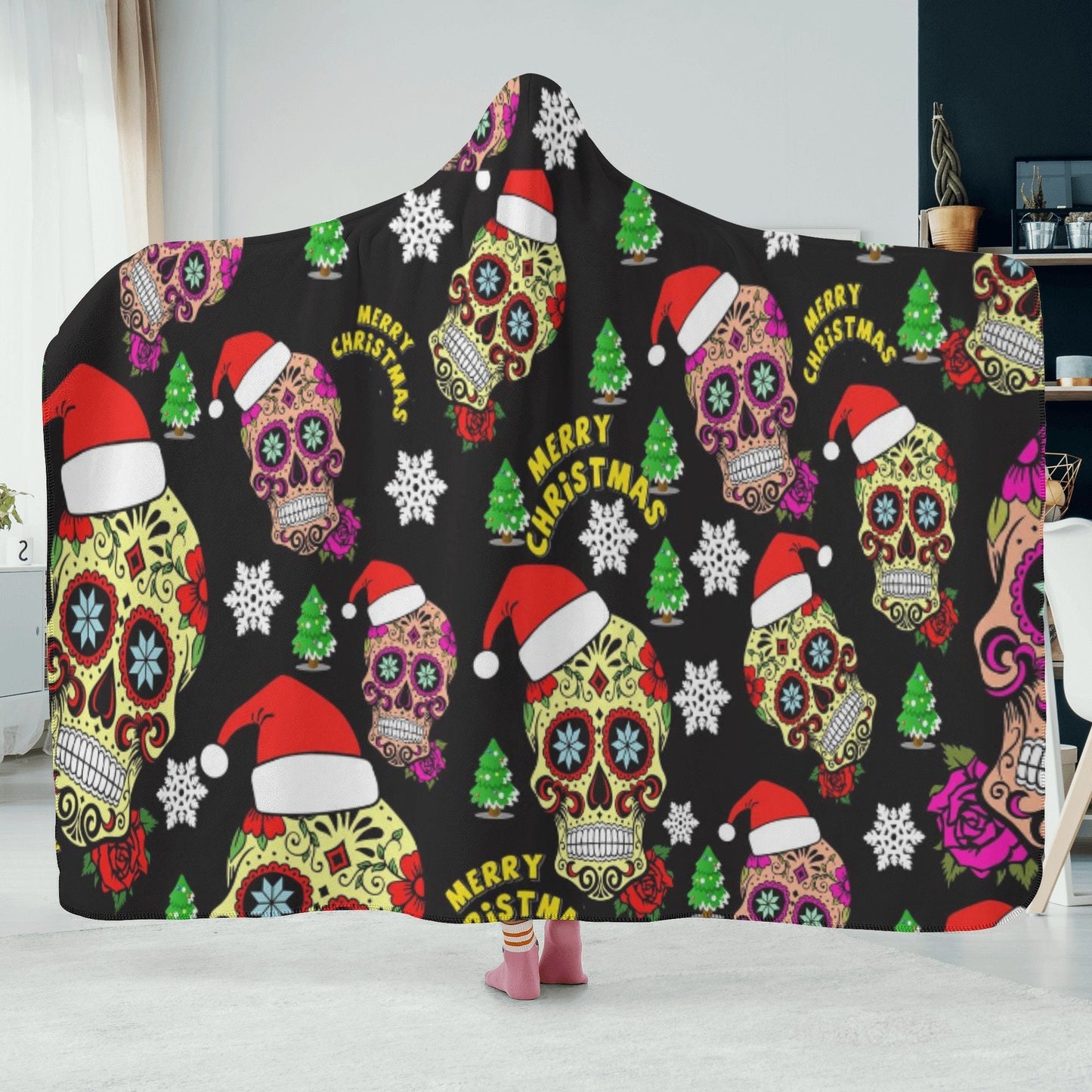 Christmas sugar skull hooded fleece blanket, day of the dead hoodie blanket, candy skull blanket hoodie, floral sugar skull hooded blanket