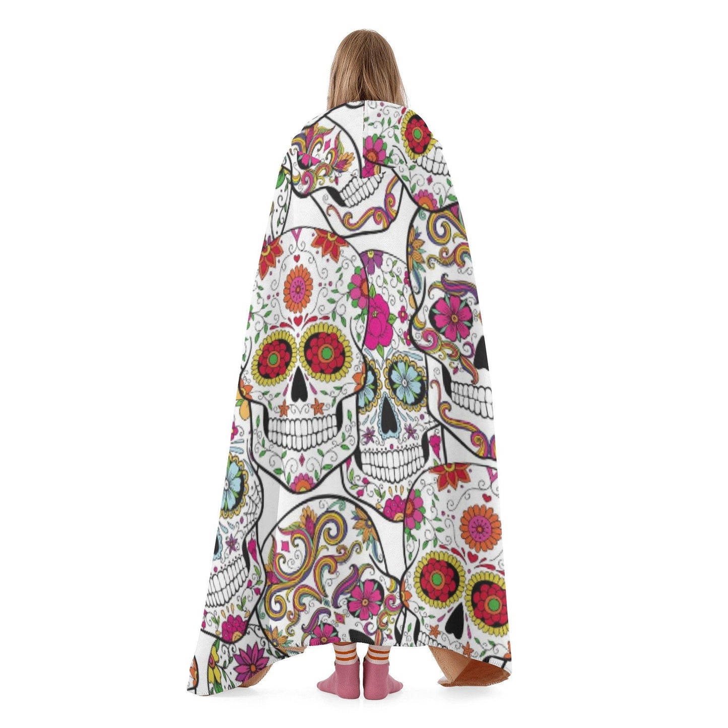 Sugar skull blanket hooded, mexico hooded fleece blanket, mexican skull throw hooded, sugar skull girl fleece blanket, floral skull blanket