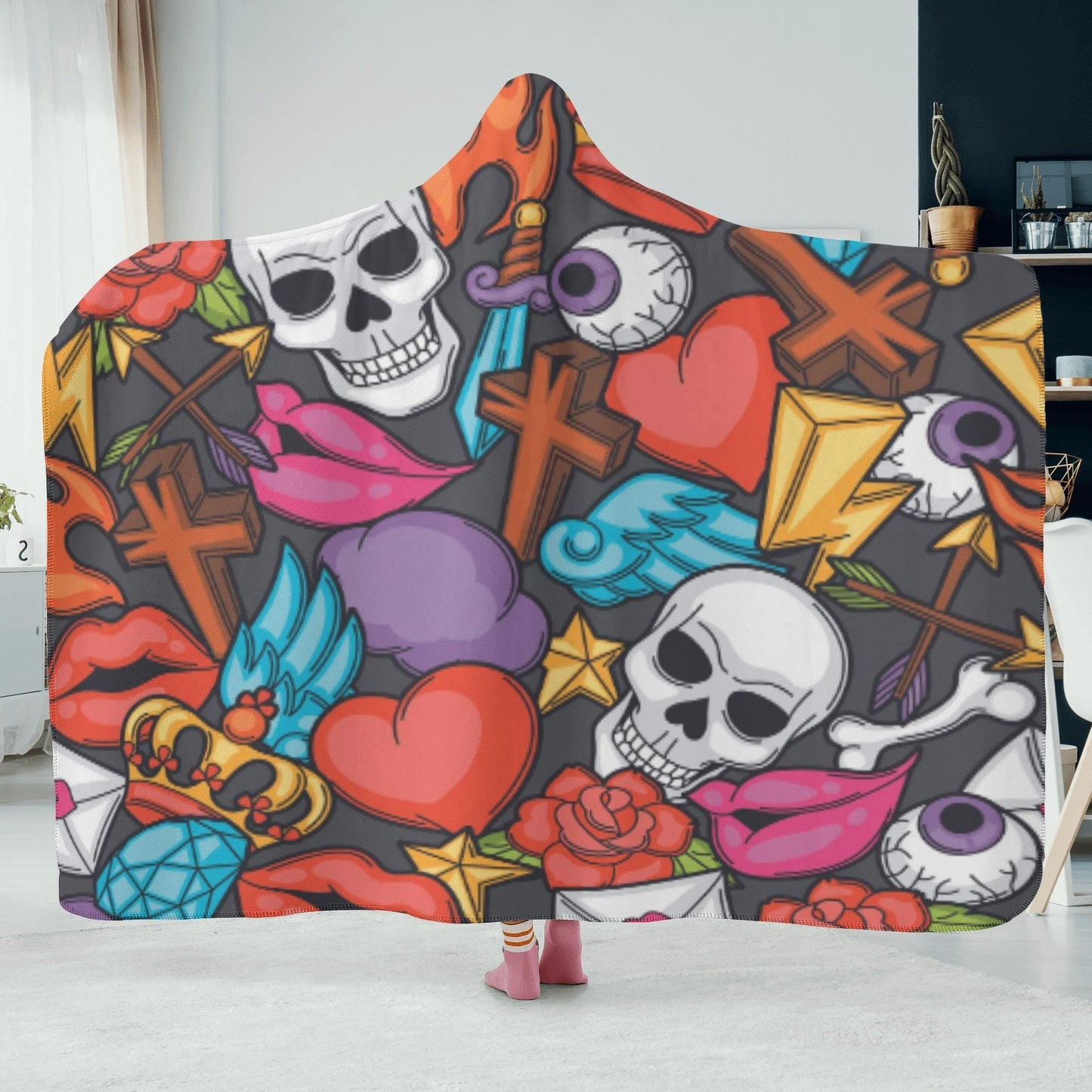 Halloween sherpa blanket, floral skull hoodie blanket, horror fleece blanket, floral skull sherpa blanket, grim reaper warm blanket hoodie