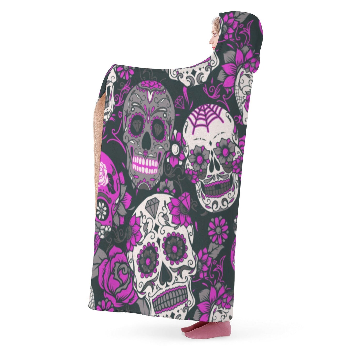 Day of the dead hoodie blanket, candy skull warm blanket, floral sugar skull throw hooded, mexican skull christmas hooded blanket hoodie