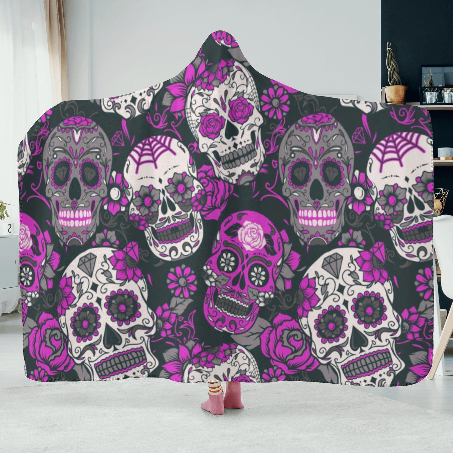 Day of the dead hoodie blanket, candy skull warm blanket, floral sugar skull throw hooded, mexican skull christmas hooded blanket hoodie