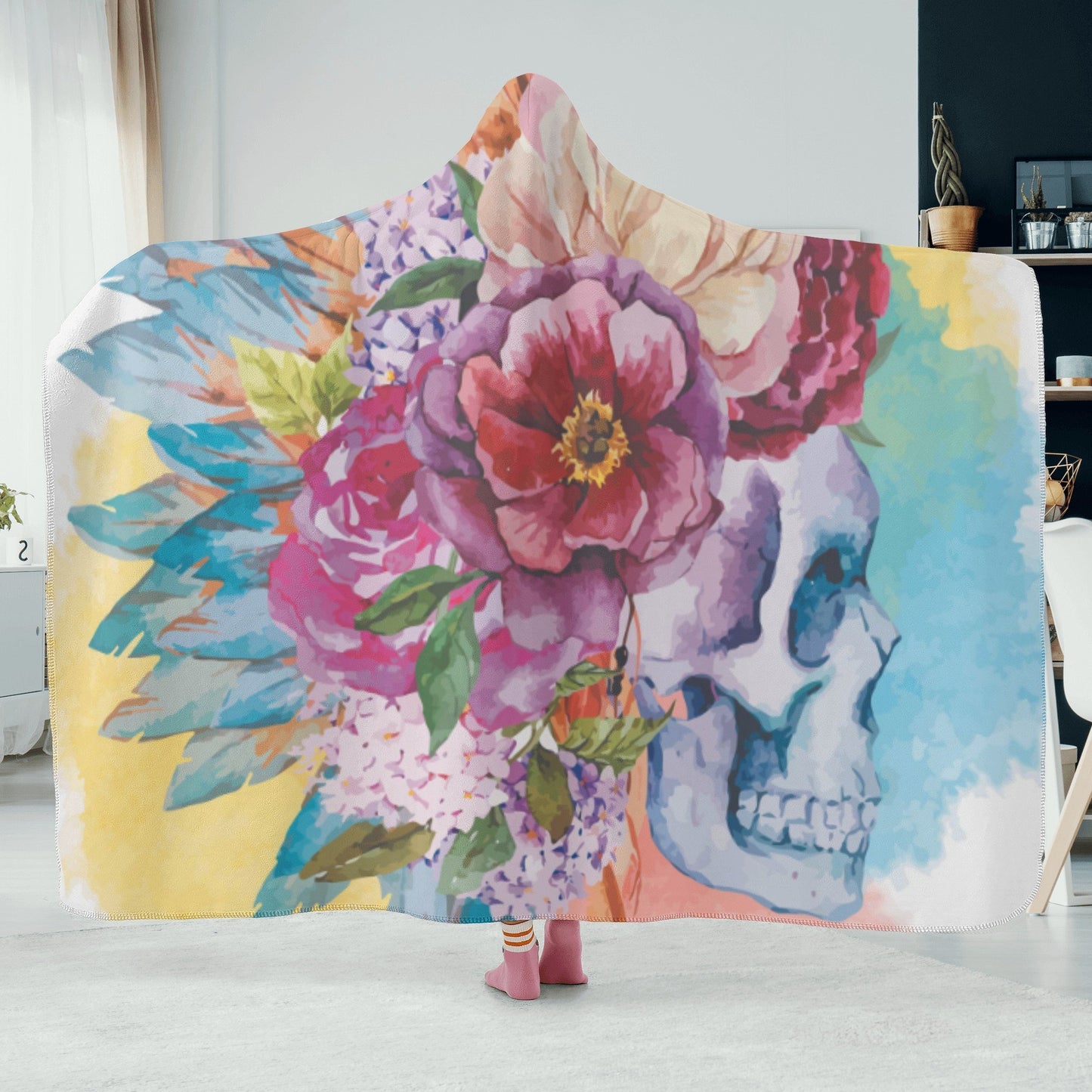 Floral skull blanket hooded, flaming skull christmas hooded blanket, goth hooded blanket skull in fire flannel hooded, skull in fire blanket