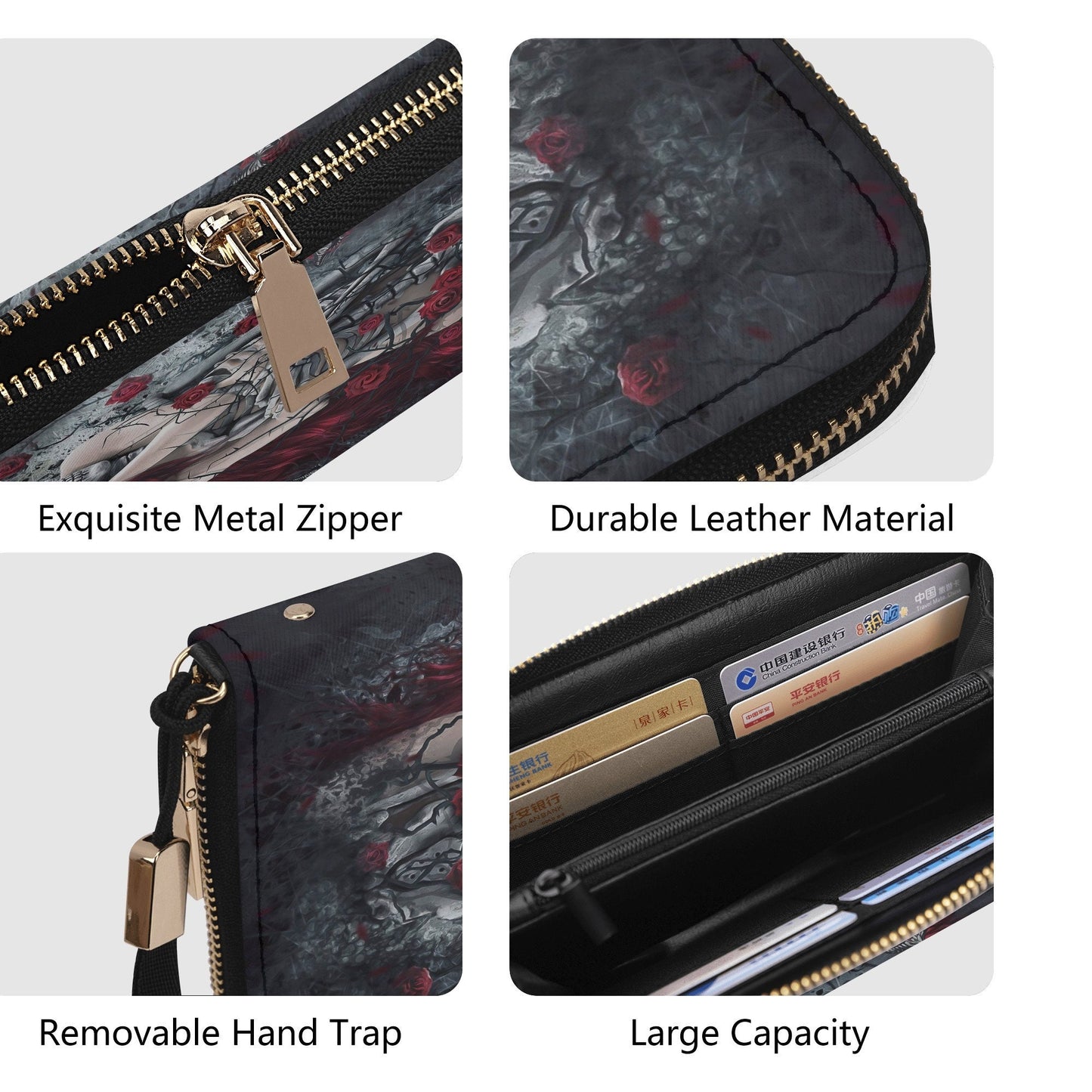 Gothic skull bag with shoulder strap, punisher skull long wallet, horror tote bag skeleton messenger bag, skeleton wallet flower skull purse