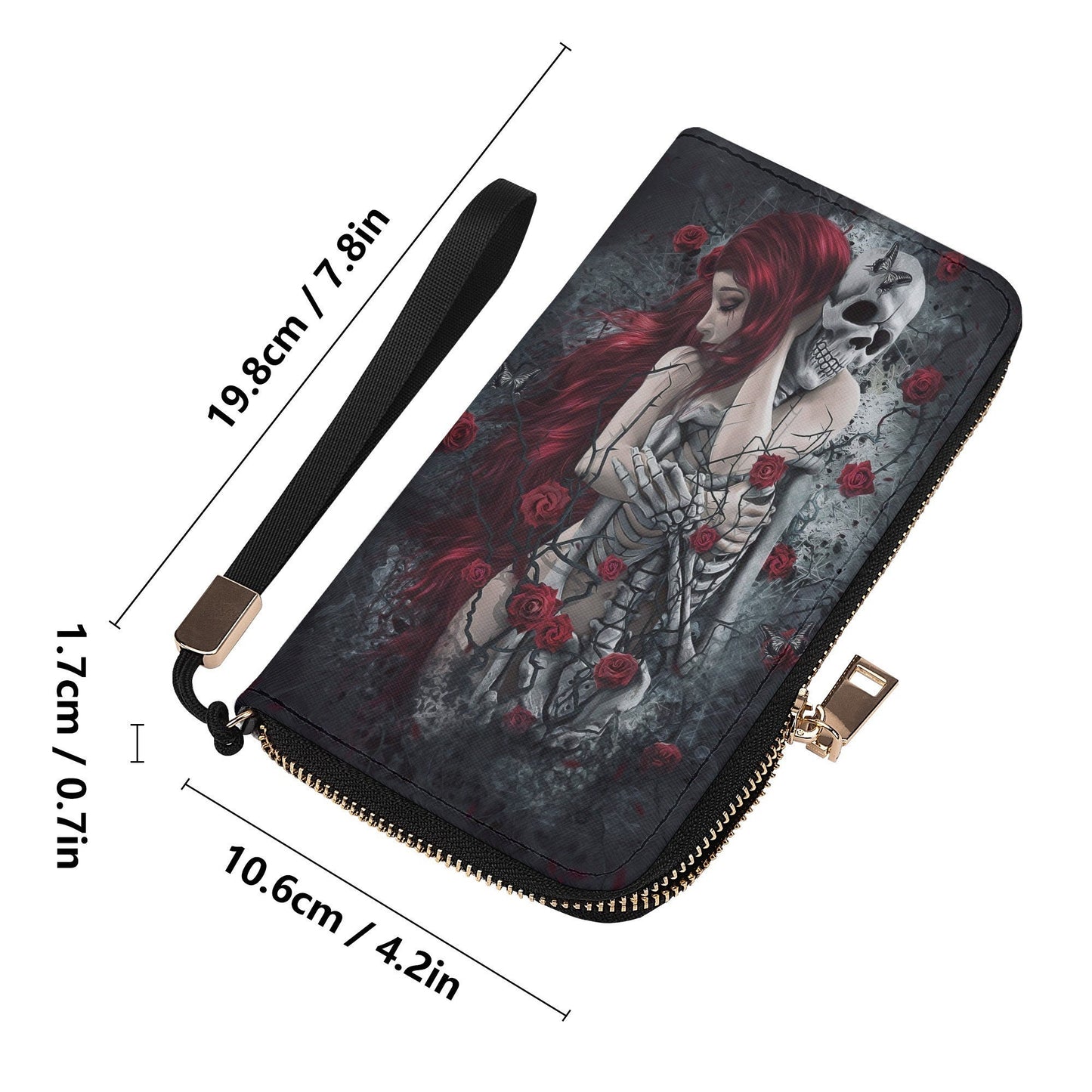 Gothic skull bag with shoulder strap, punisher skull long wallet, horror tote bag skeleton messenger bag, skeleton wallet flower skull purse