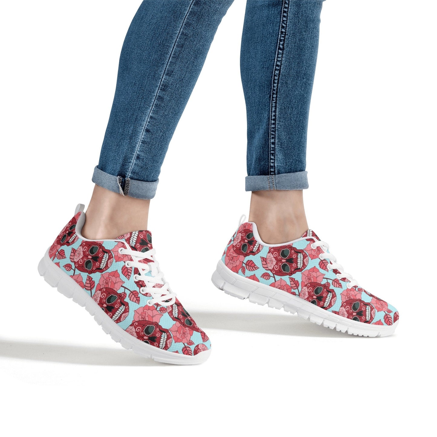 Floral skull lighweight running shoes, mexico athletic running shoes, floral skull lifestyle footwear, dia de los muertos skull running shoe