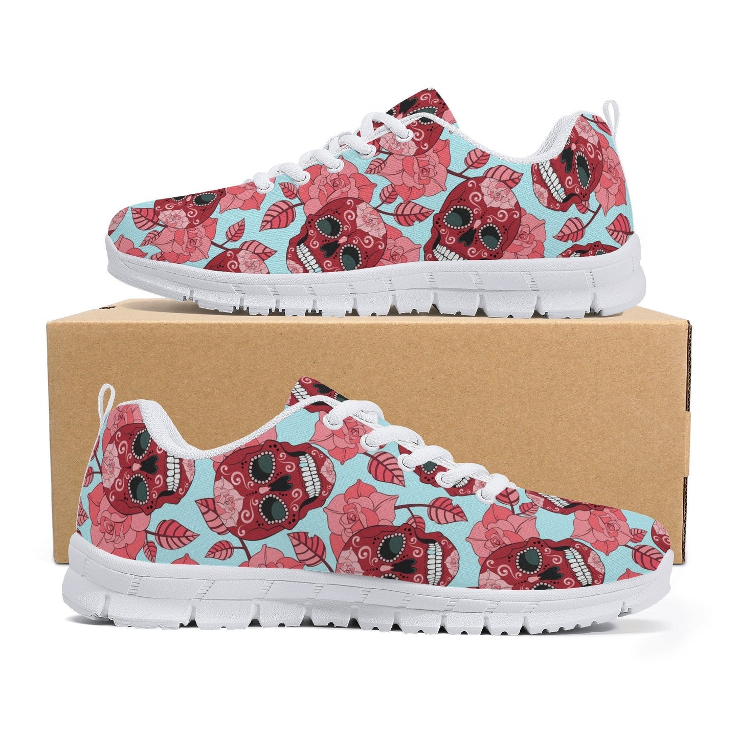 Floral skull lighweight running shoes, mexico athletic running shoes, floral skull lifestyle footwear, dia de los muertos skull running shoe