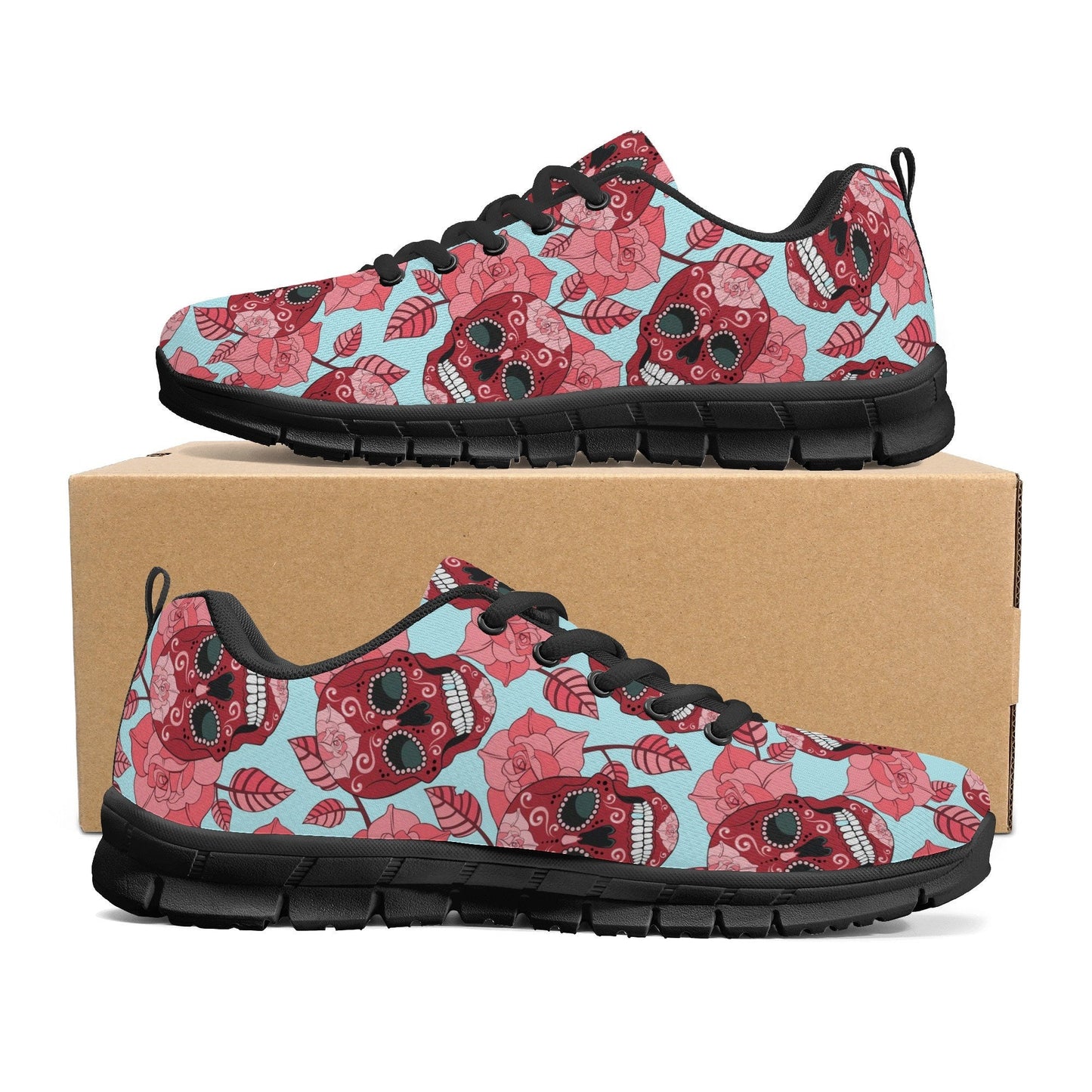 Floral skull lighweight running shoes, mexico athletic running shoes, floral skull lifestyle footwear, dia de los muertos skull running shoe