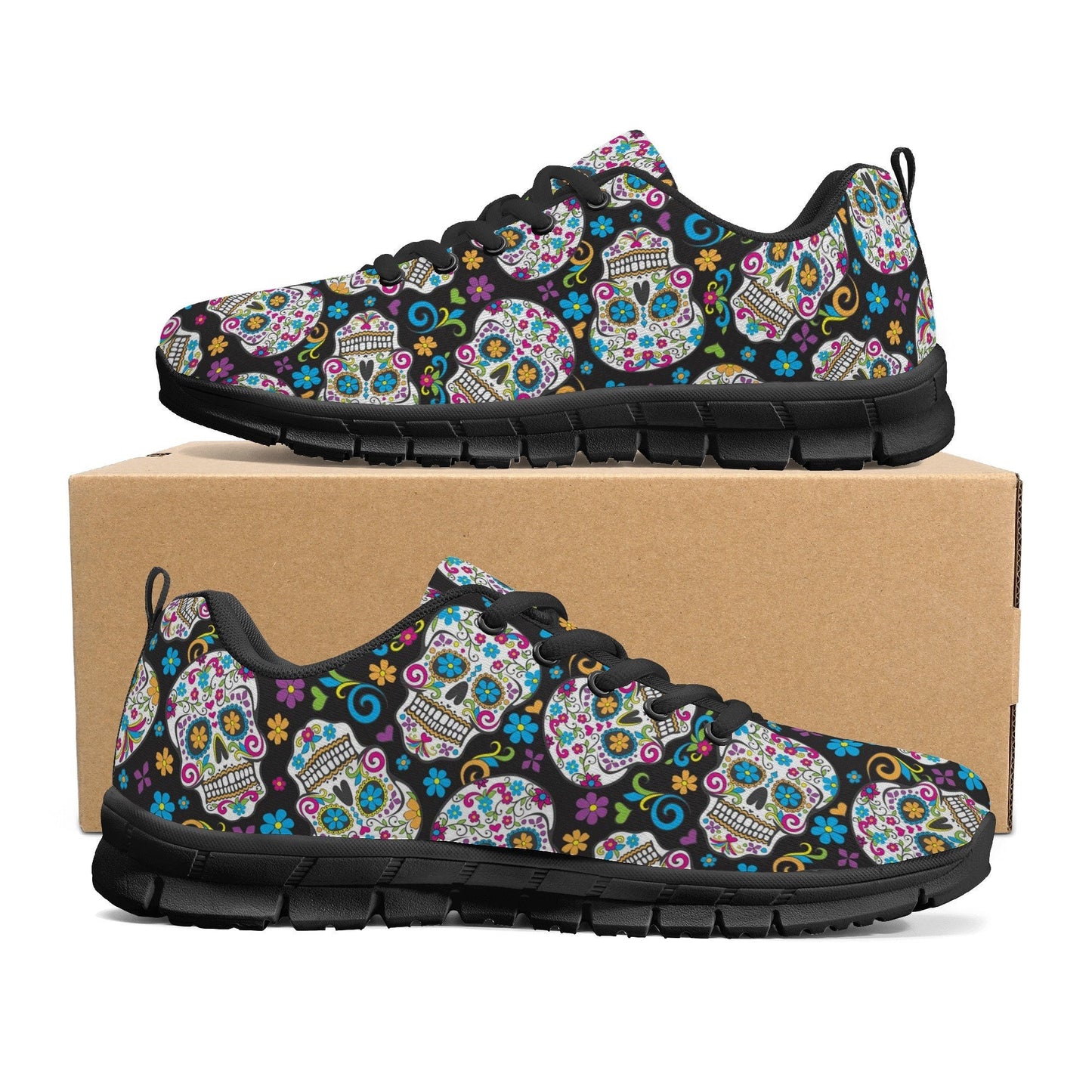 Floral sugar skull unisex sneakers, dia de los muertos skull lifestyle footwear, floral skull lifestyle footwear, floral sugar skull shoes