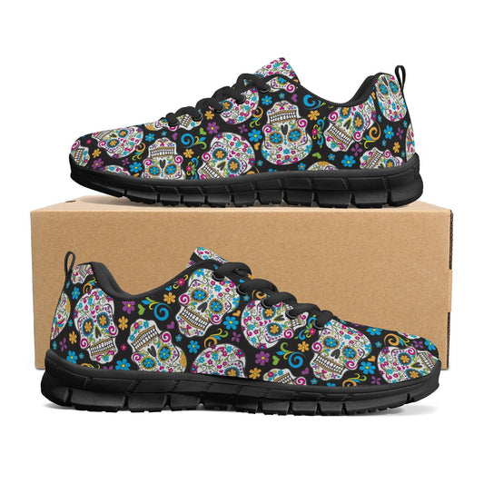Floral sugar skull unisex sneakers, dia de los muertos skull lifestyle footwear, floral skull lifestyle footwear, floral sugar skull shoes