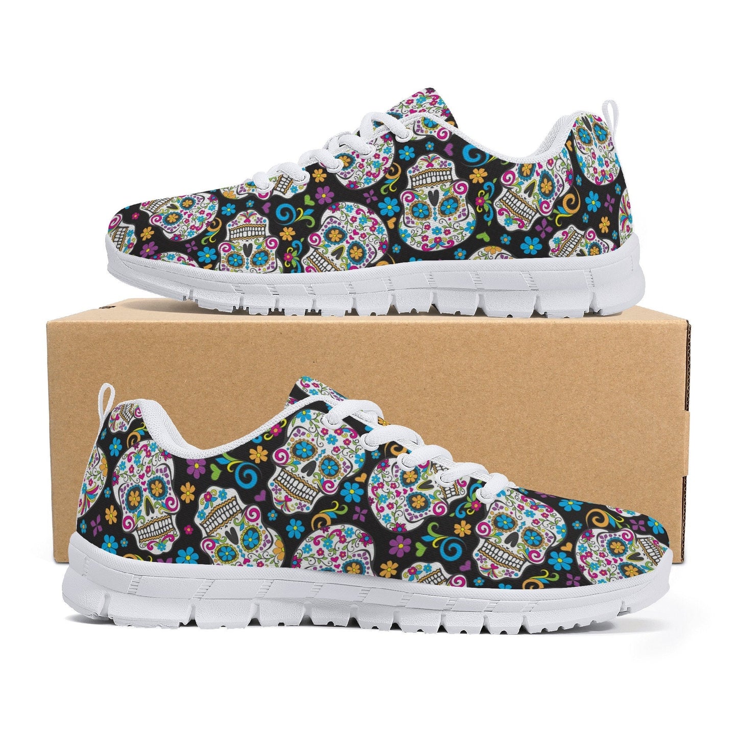 Floral sugar skull unisex sneakers, dia de los muertos skull lifestyle footwear, floral skull lifestyle footwear, floral sugar skull shoes