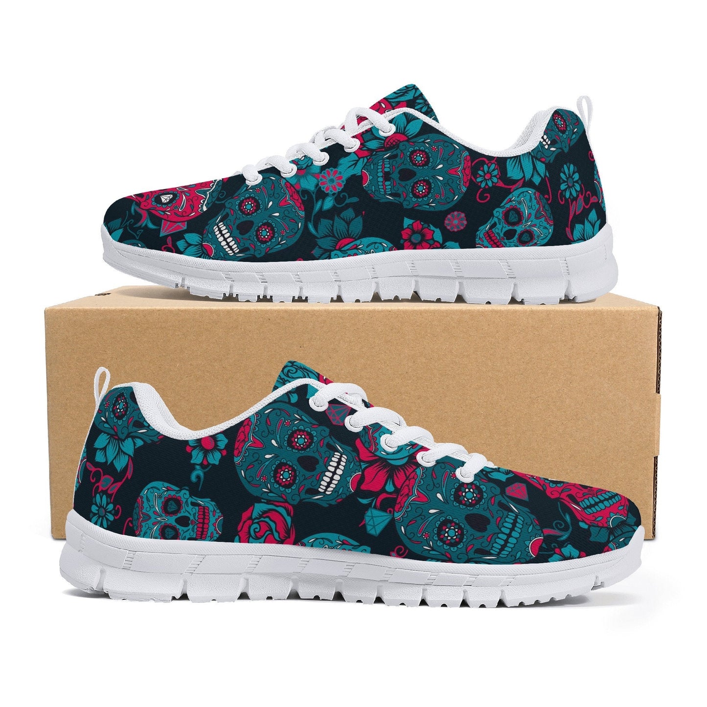 Floral sugar skull running sneakers, dia de los muertos skull running shoes, candy skull breathable sneakers, dia de los muertos skull shoes