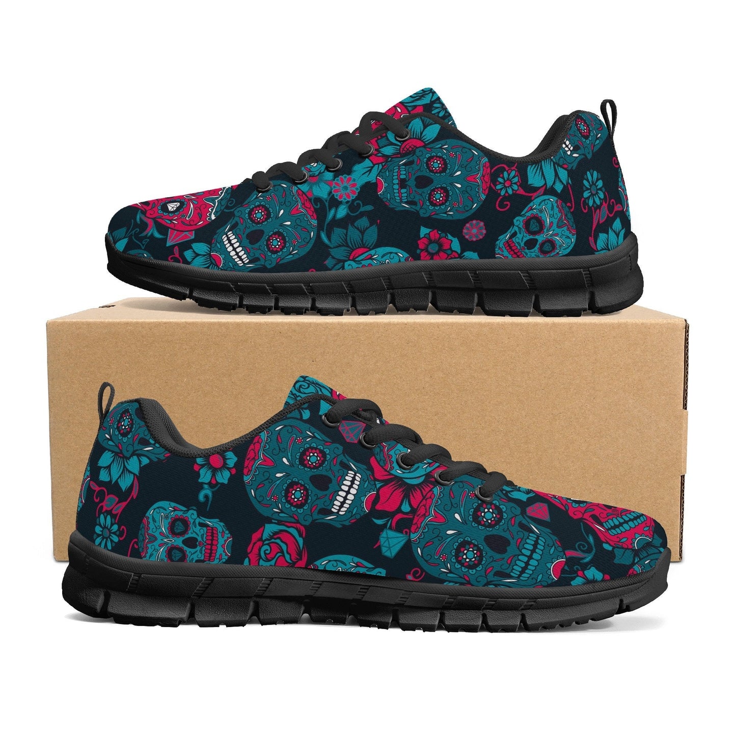 Floral sugar skull running sneakers, dia de los muertos skull running shoes, candy skull breathable sneakers, dia de los muertos skull shoes