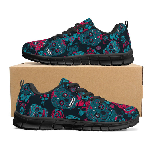 Floral sugar skull running sneakers, dia de los muertos skull running shoes, candy skull breathable sneakers, dia de los muertos skull shoes