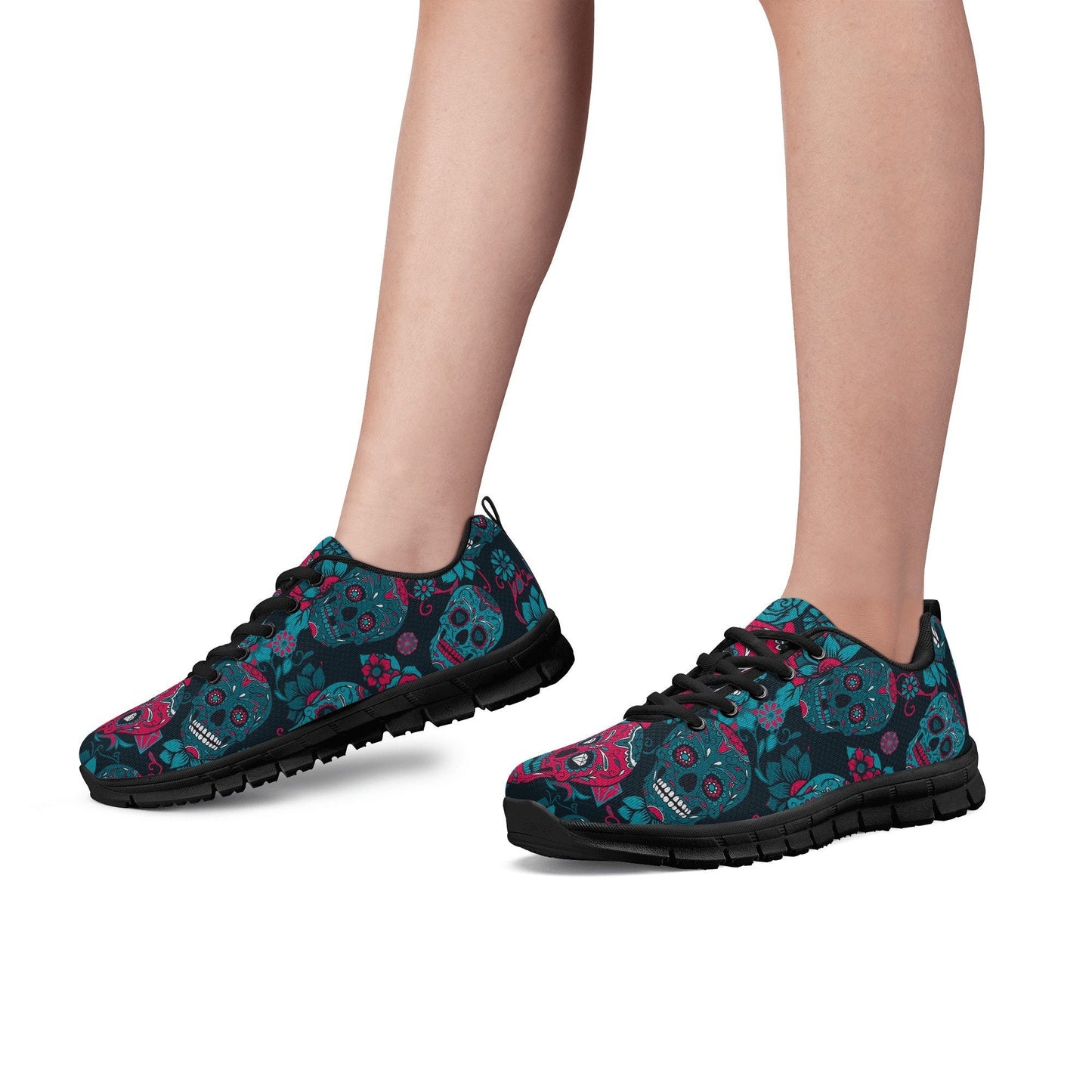 Floral sugar skull running sneakers, dia de los muertos skull running shoes, candy skull breathable sneakers, dia de los muertos skull shoes
