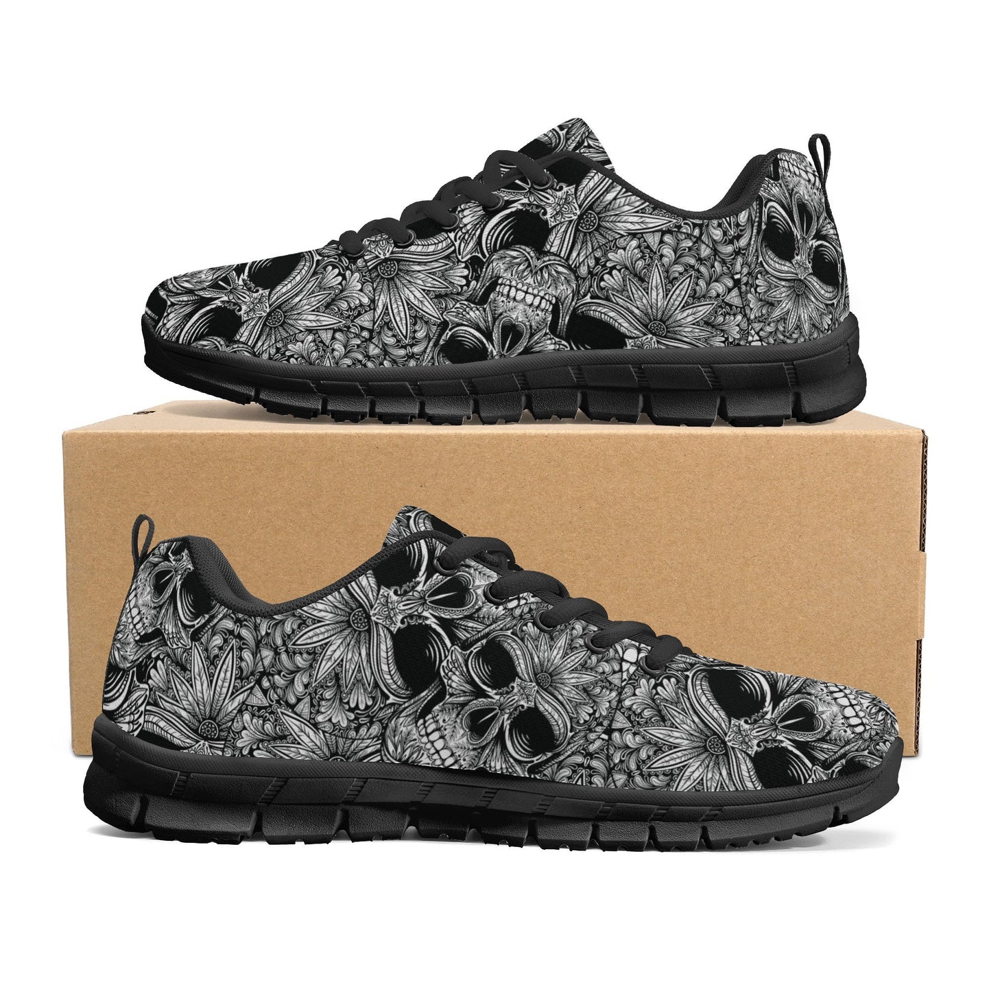 Grim reaper athletic running shoes, gothic skull athletic sneakers, flame skull breathable sneakers, biker skull shoes, flower skull shoes
