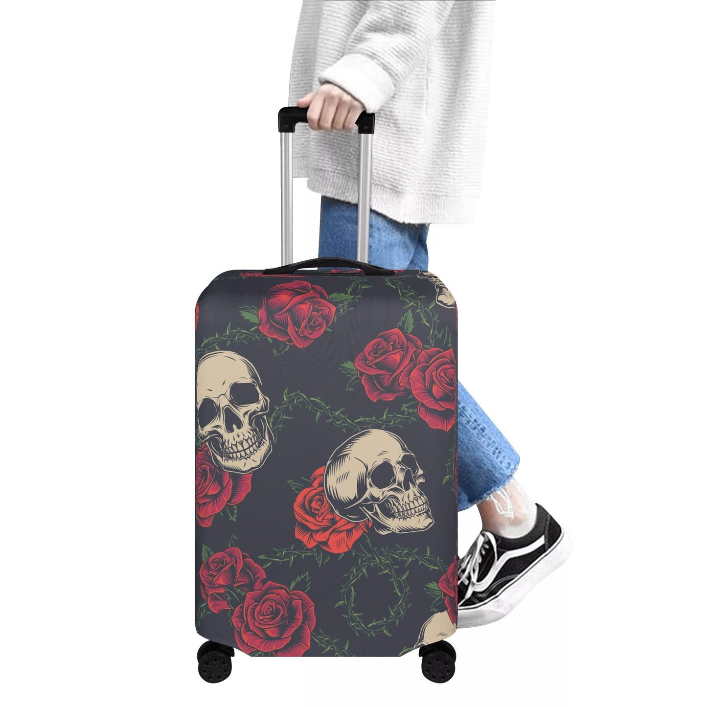 Floral skull luggage protector, floral skull suitcase cover, skull in fire luggage cover protector, horror suitcase luggage cover protector