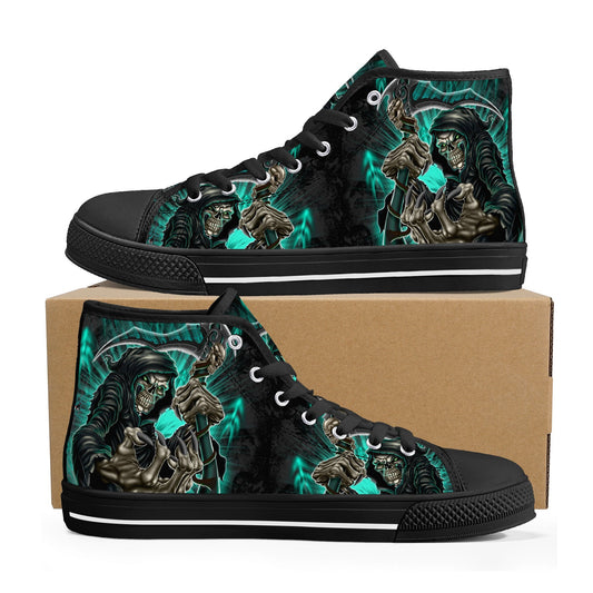 Grim reaper Goth men sneakers, punisher skull high-top shoes, skull in fire shoes, floral skull sneakers, grim reaper men shoes men shoes