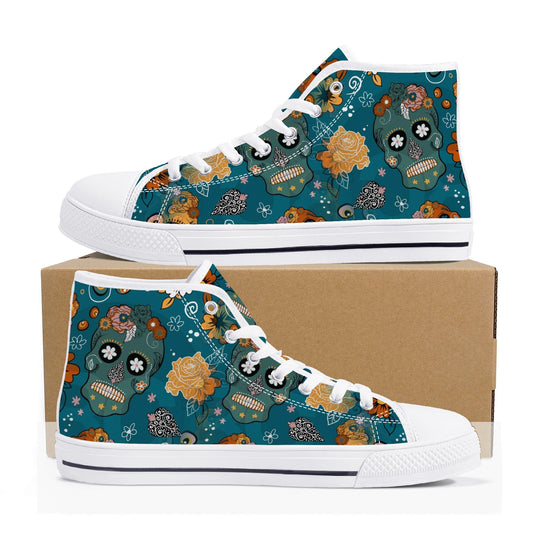 Floral skull hight top sneakers, candy skull shoes, calaveras skull canvas shoes, sugar skull shoes gift, cinco de mayo skull canvas shoes