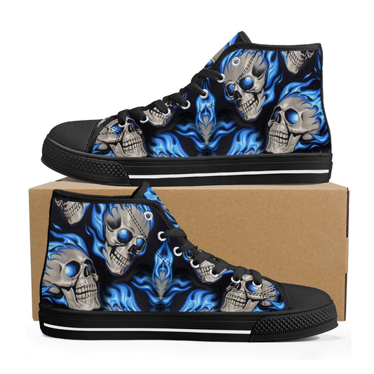 Flaming skull causual sneakers, biker skull women sneakers, skull women shoes, skeleton shoes, halloween women shoes, christmas skull shoes