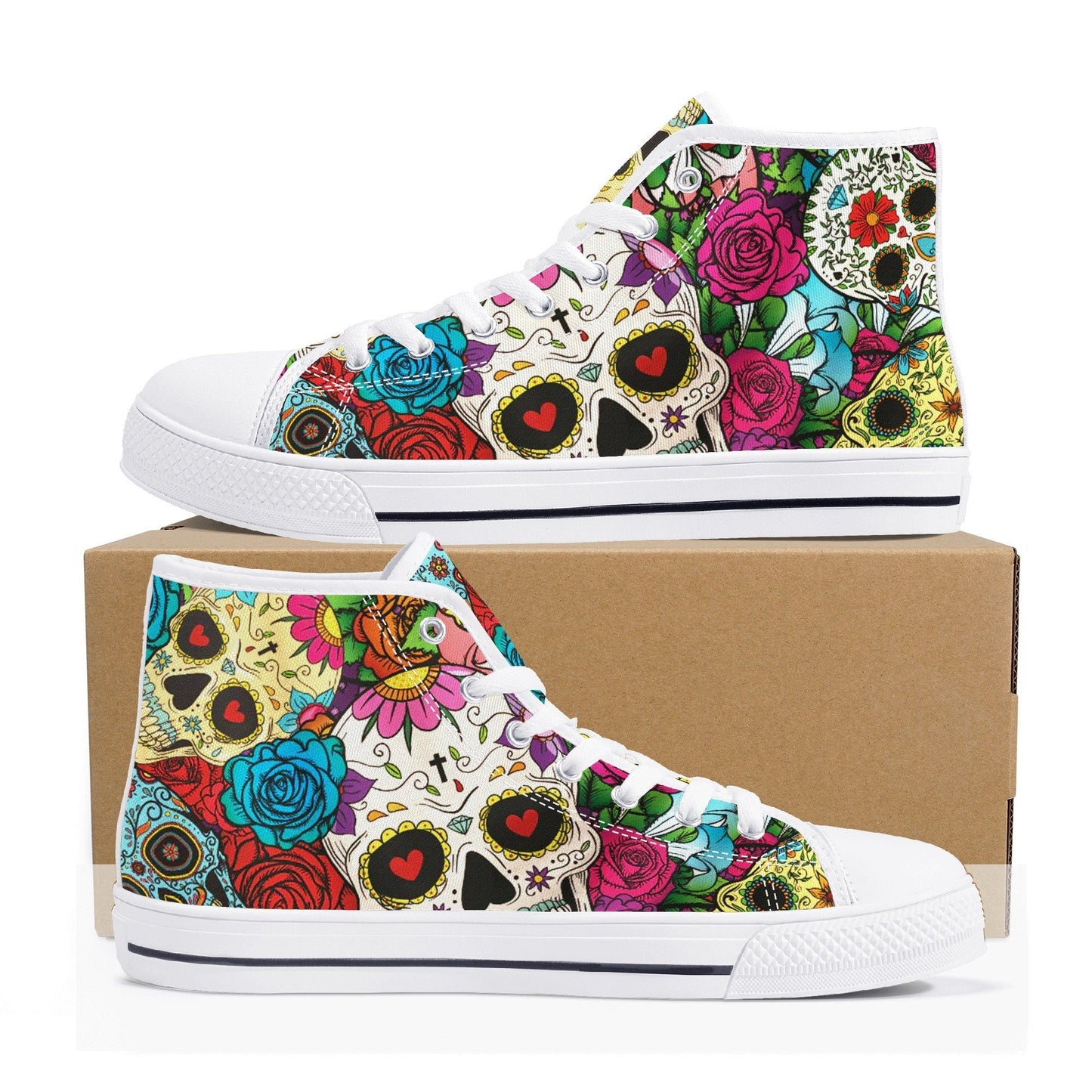Dia de los muertos skull causual sneakers, calaveras skull high top shoes, floral skull causual shoes, mexico sneakers, mexican skull shoes