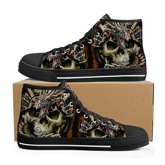 Dragon skull causual sneakers, skull sneakers gift, horror sneakers gift, flaming skull sneakers gift, skull high top shoes, christmas skull