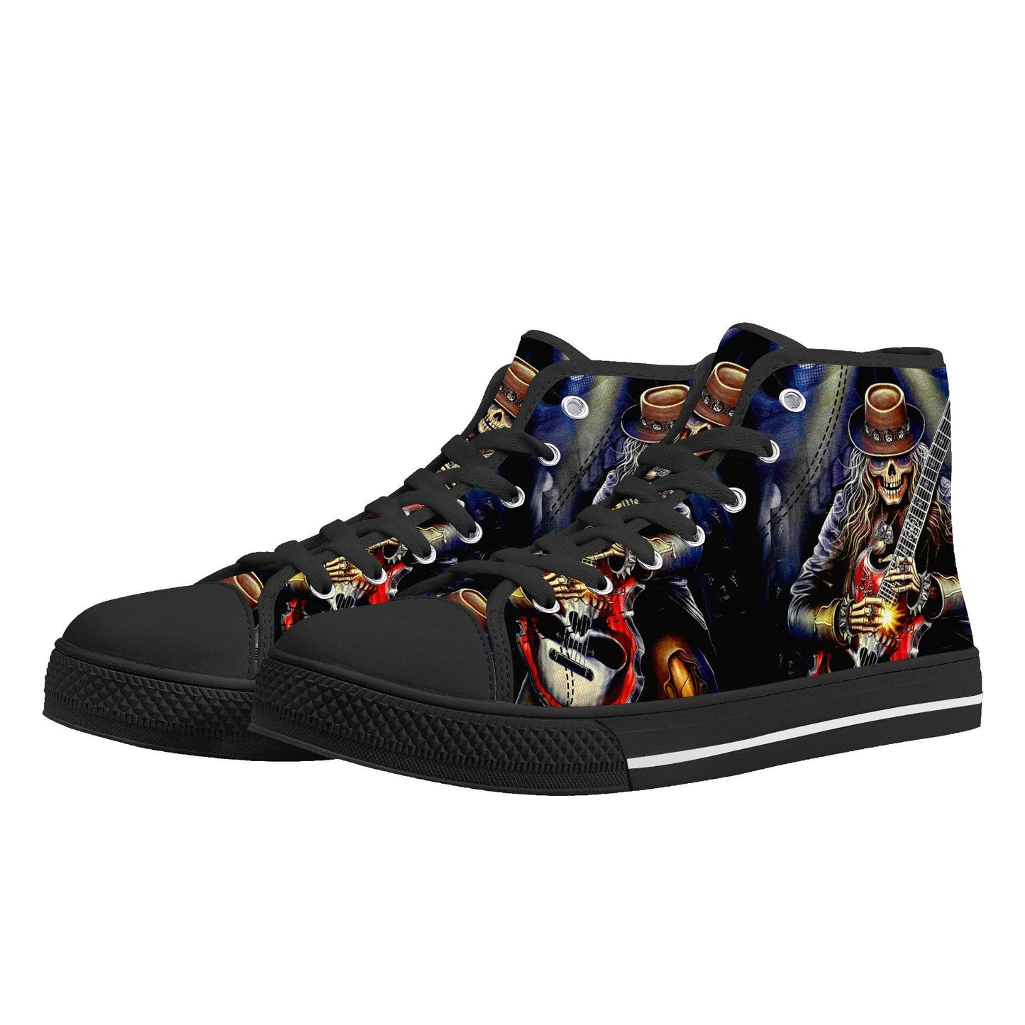 Guitarist skull high top shoes, goth high-top shoes, floral skull shoes for her, biker skull men sneakers, skeleton gothic women sneakers