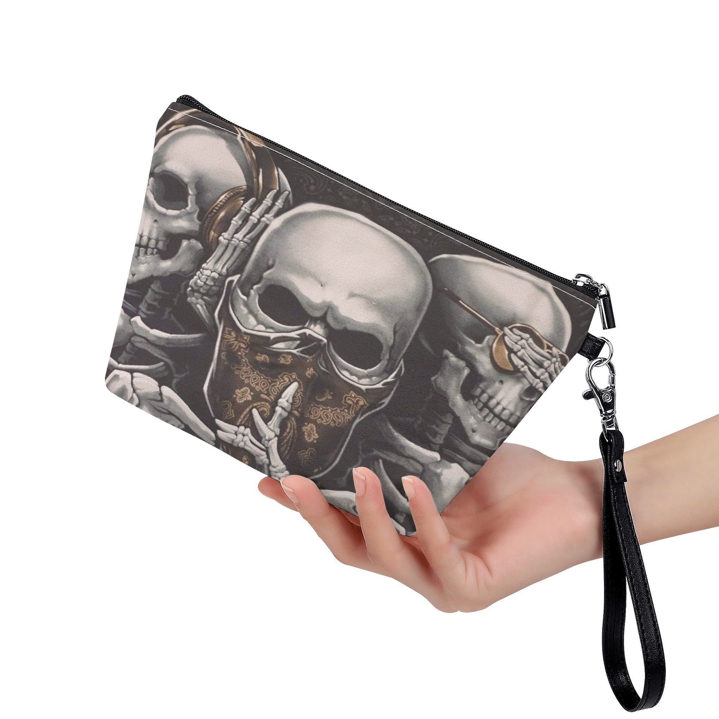 Evil travel bag, goth handbag, flaming skull purse, skeleton cosmetic bag, skeleton long wallet, skull in fire travel bag, christmas skull