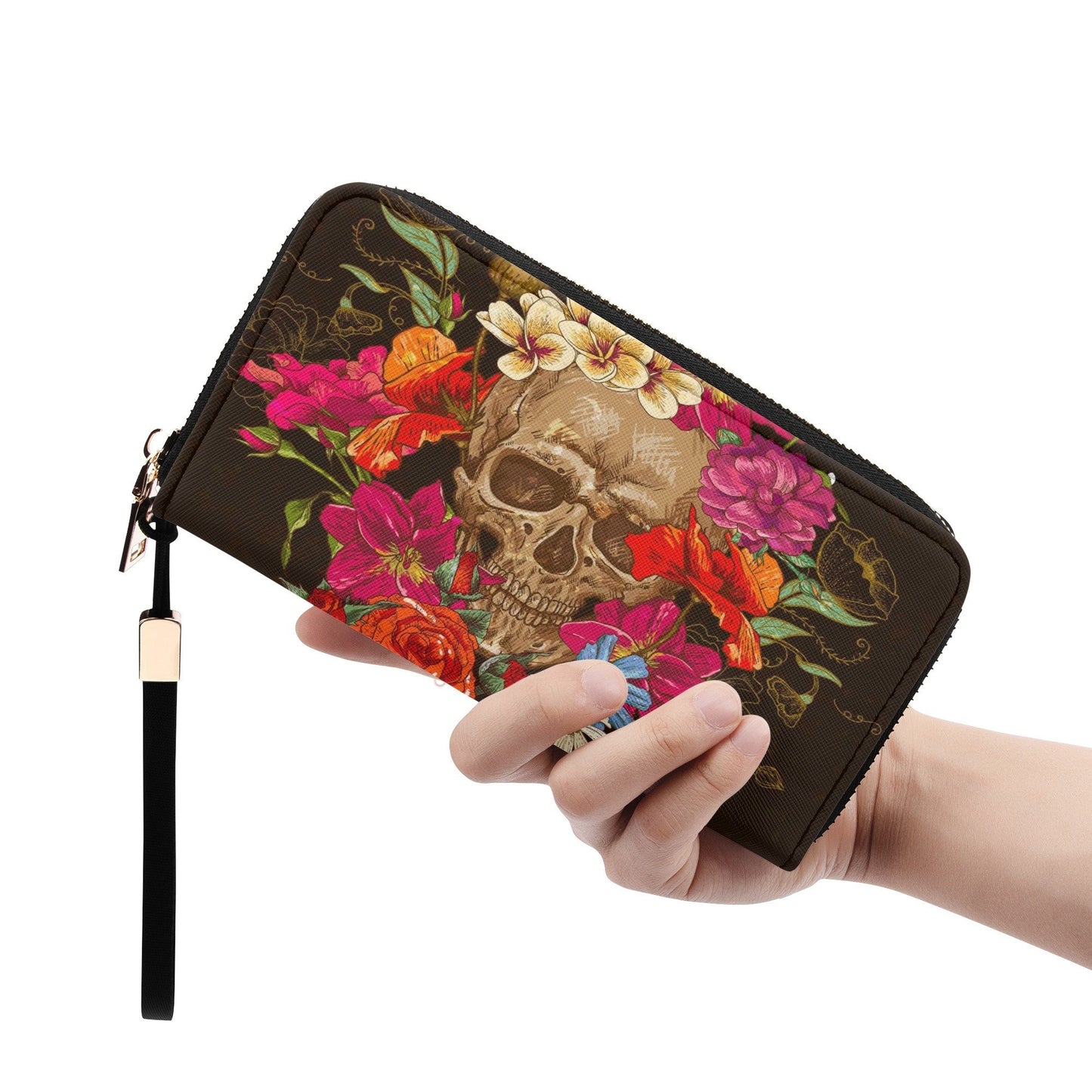 Halloween long wallet, floral skull crossbody bag gothic skull wallet, flaming skull purse, floral skull purse, gothic skull long wallet bag