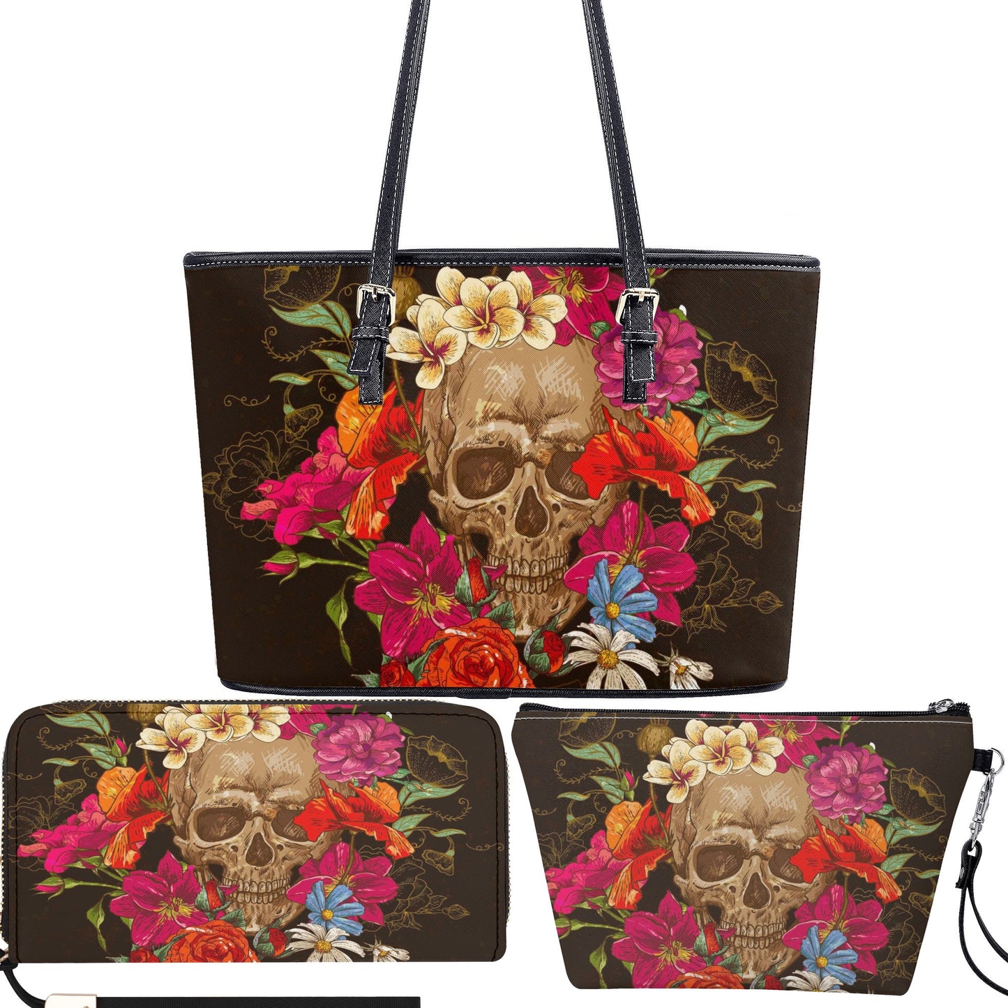 Halloween long wallet, floral skull crossbody bag gothic skull wallet, flaming skull purse, floral skull purse, gothic skull long wallet bag