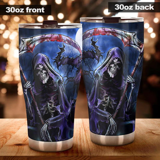 Reaper Skull Mug, death skull mug, halloween tumbler cup mug, evil coffee mug, flower skull beer mug, skull in fire travel mug reaper skull