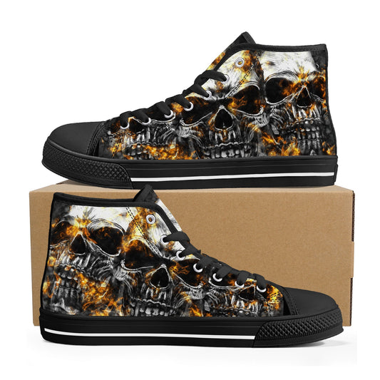Flaming skull canvas sneakers, flame gothic skull shoes gift, reaper skull women shoes, rose skull canvas shoes, goth canvas shoes sneakers
