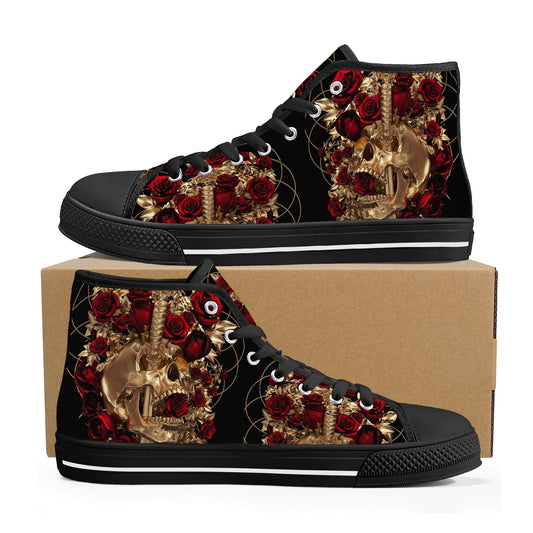 Gothic canvas shoes, halloween high top shoes, biker skull shoes gift, horror causual shoes, biker skull high-top shoes, floral skull shoes