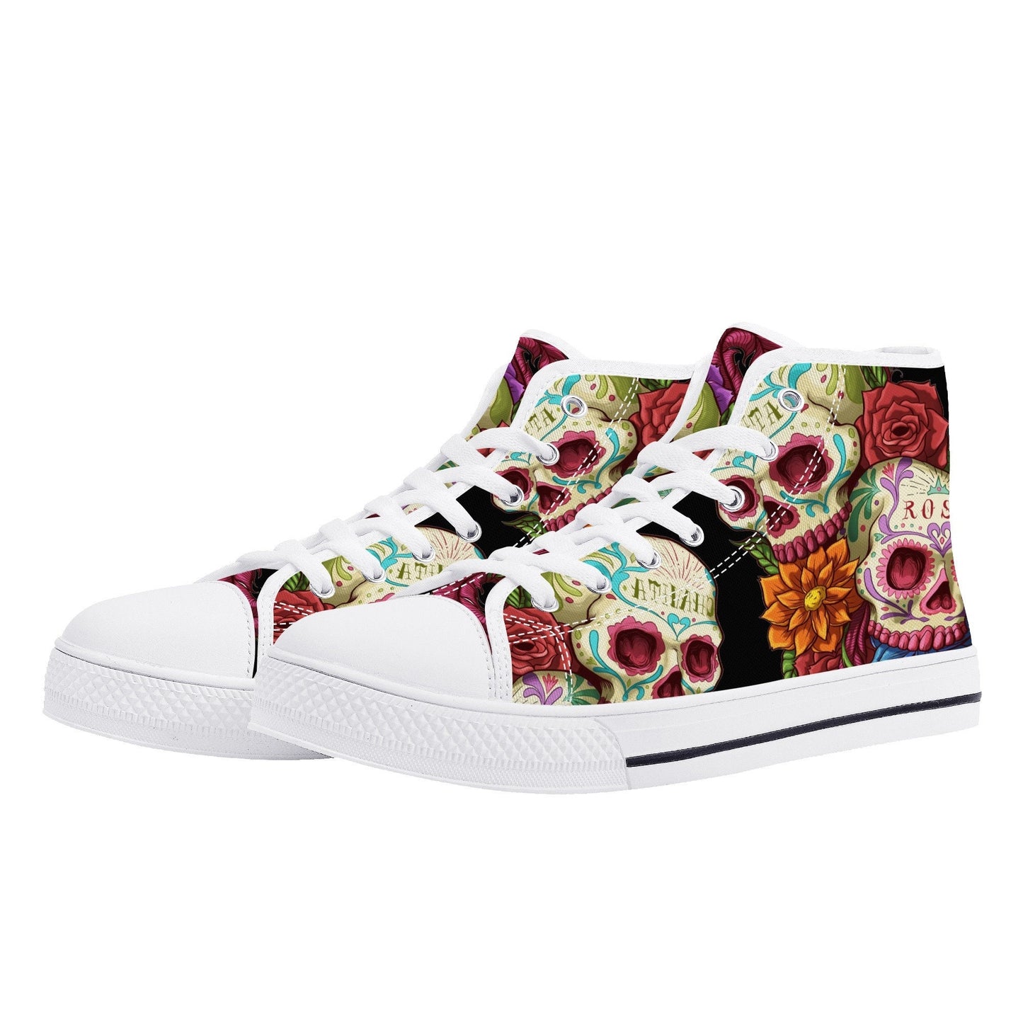Floral skull canvas sneakers, floral sugar skull hight top sneakers, mexican skull high-top shoes, sugar skull sneakers sugar skull shoes