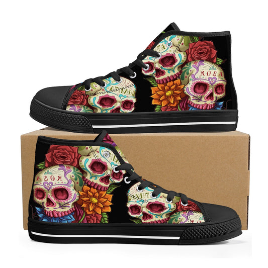 Floral skull canvas sneakers, floral sugar skull hight top sneakers, mexican skull high-top shoes, sugar skull sneakers sugar skull shoes