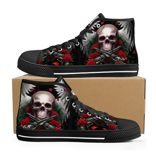 Gothic skull men sneakers, skull canvas sneakers, flower skull shoes for her, biker skull women shoes, flaming skull causual shoes sneakers