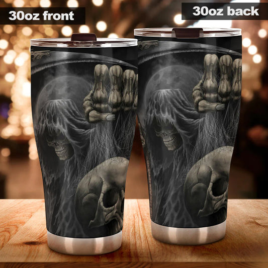 Grim reaper skull tumbler cup mug, horror travel mug, biker skull beer mug, horror coffee mug, gothic skull travel mug, gothic skull cup mug