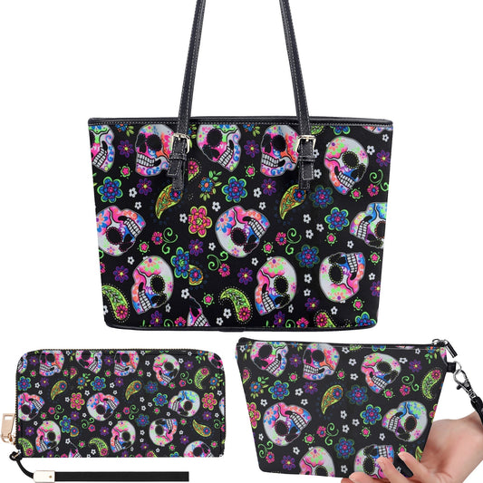Calaveras skull tote bag, sugar skull wallet, day of the dead purse, floral skull bag with shoulder strap, cinco de mayo skull purse bag