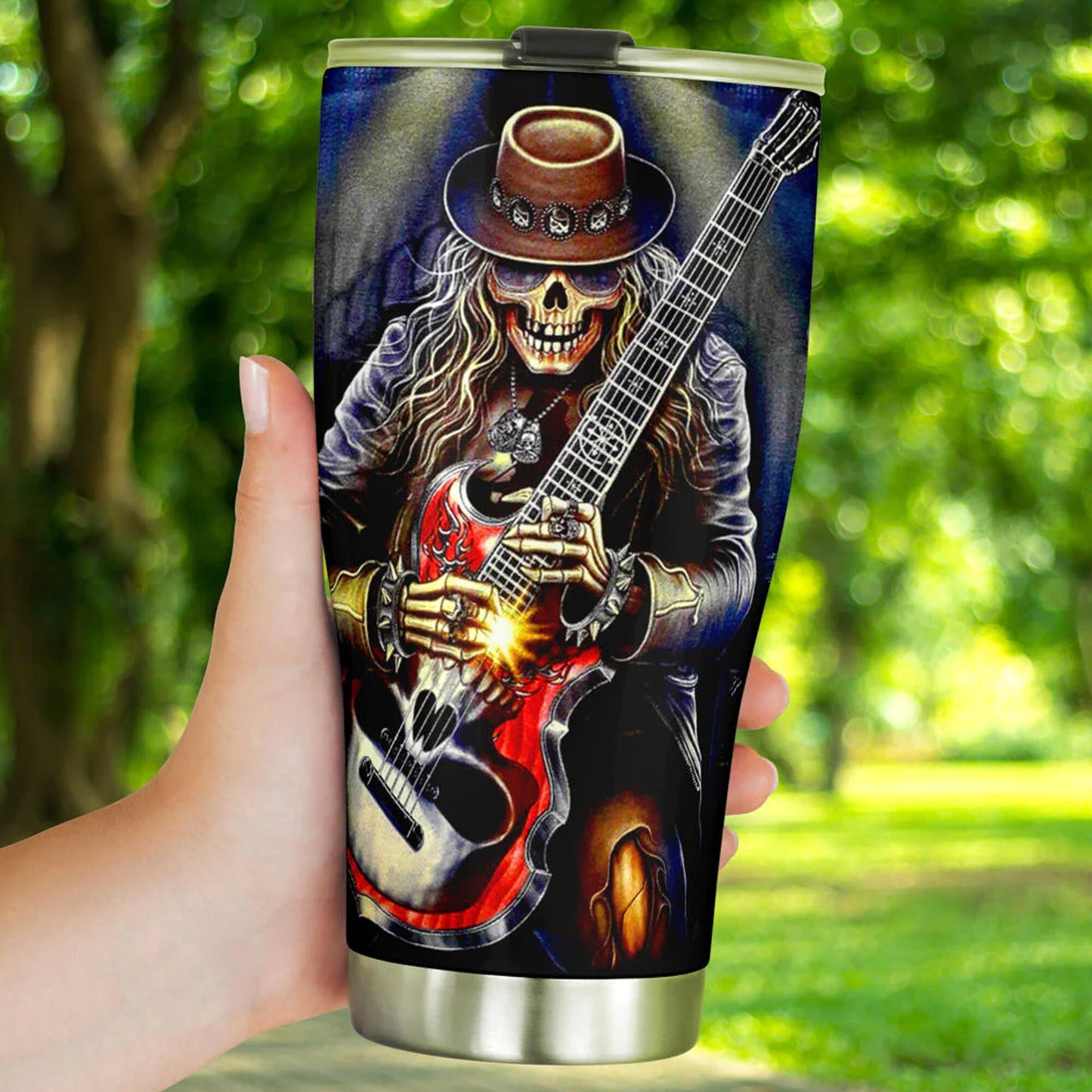 Guitarist skull Mug, punisher skull tumbler, goth tumblr, death skull tumblr, grim reaper coffee mug, gothic skull mug, skeleton travel mug