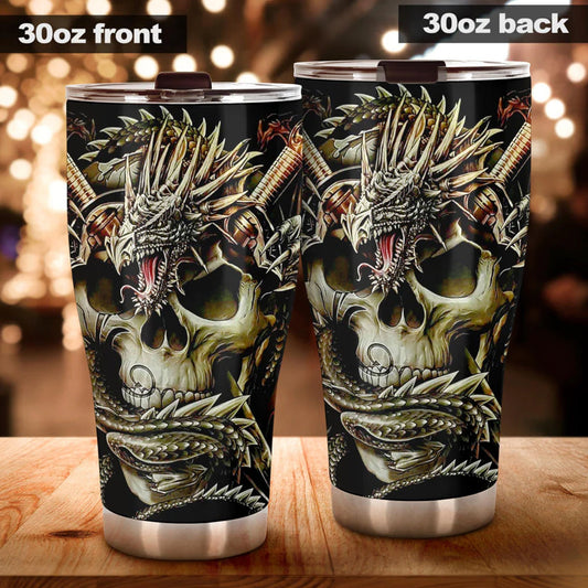 Dragon skull tumbler cup mug, skull in fire coffee mug, evil beer mug, skull freezer Mug, death skull beer mug, biker skull beer mug tumbler