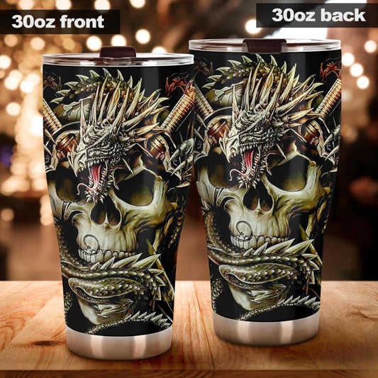 Dragon skull tumbler cup mug, skull in fire coffee mug, evil beer mug, skull freezer Mug, death skull beer mug, biker skull beer mug tumbler