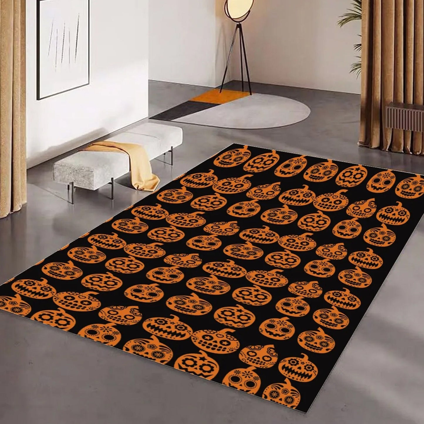 Sugar skull pumpkin carpet, floral sugar skull kitchen mat, dia de los muertos skull carpet, sugar skull girl floor carpet, candy skull rug