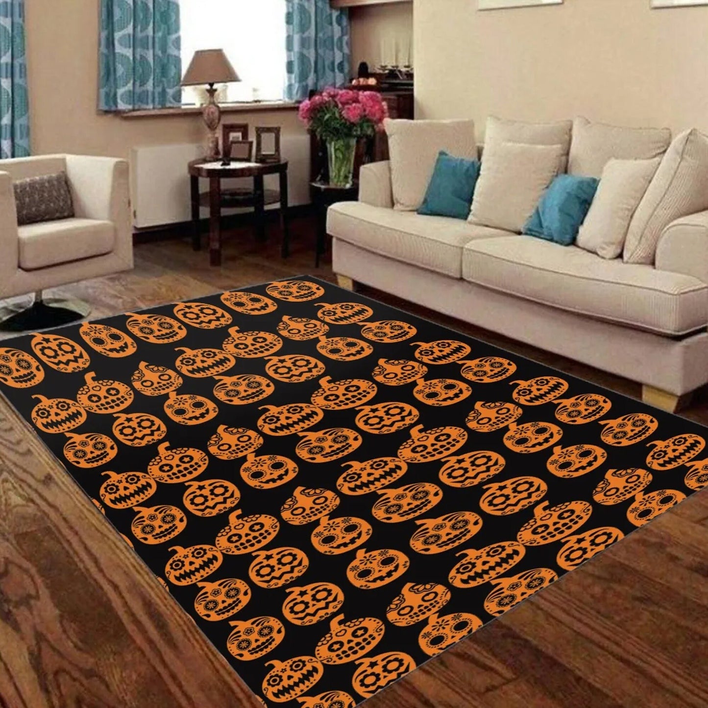 Sugar skull pumpkin carpet, floral sugar skull kitchen mat, dia de los muertos skull carpet, sugar skull girl floor carpet, candy skull rug