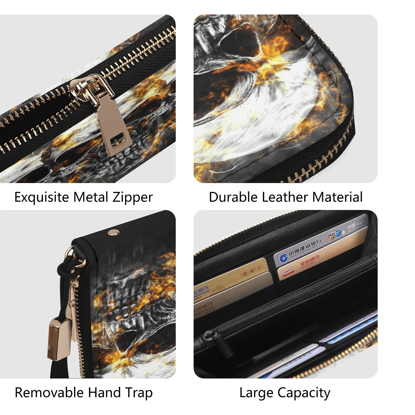 Skeleton cosmetic wallet, skull in fire handbag, flaming skull bag with shoulder strap, gothic skull purse, grim reaper long wallet, horror