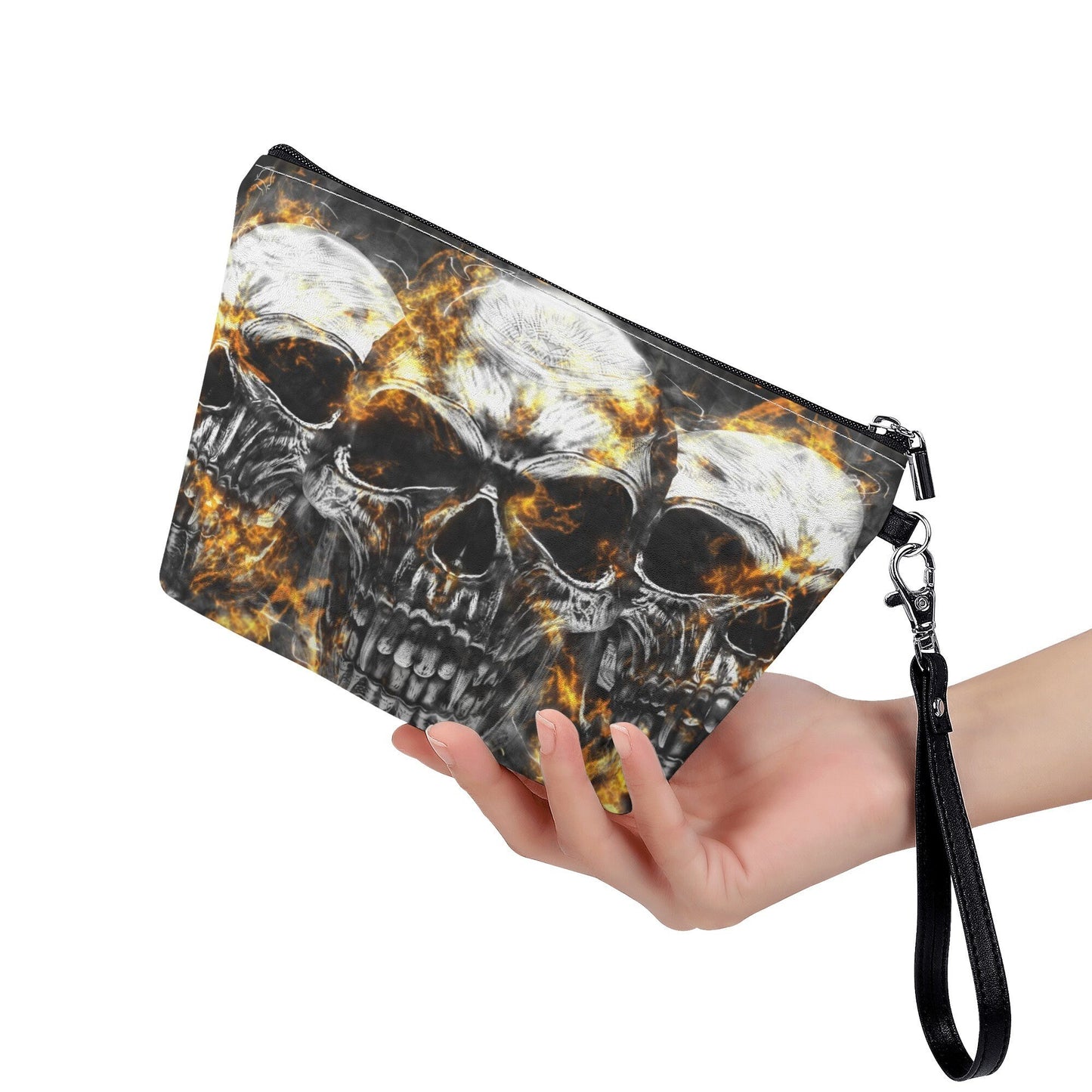 Skeleton cosmetic wallet, skull in fire handbag, flaming skull bag with shoulder strap, gothic skull purse, grim reaper long wallet, horror