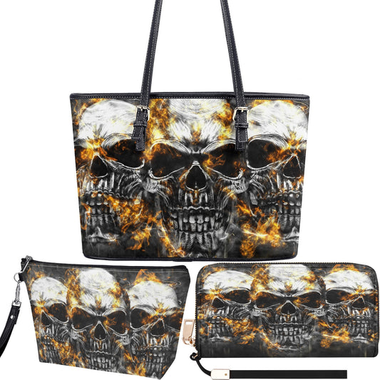 Skeleton cosmetic wallet, skull in fire handbag, flaming skull bag with shoulder strap, gothic skull purse, grim reaper long wallet, horror