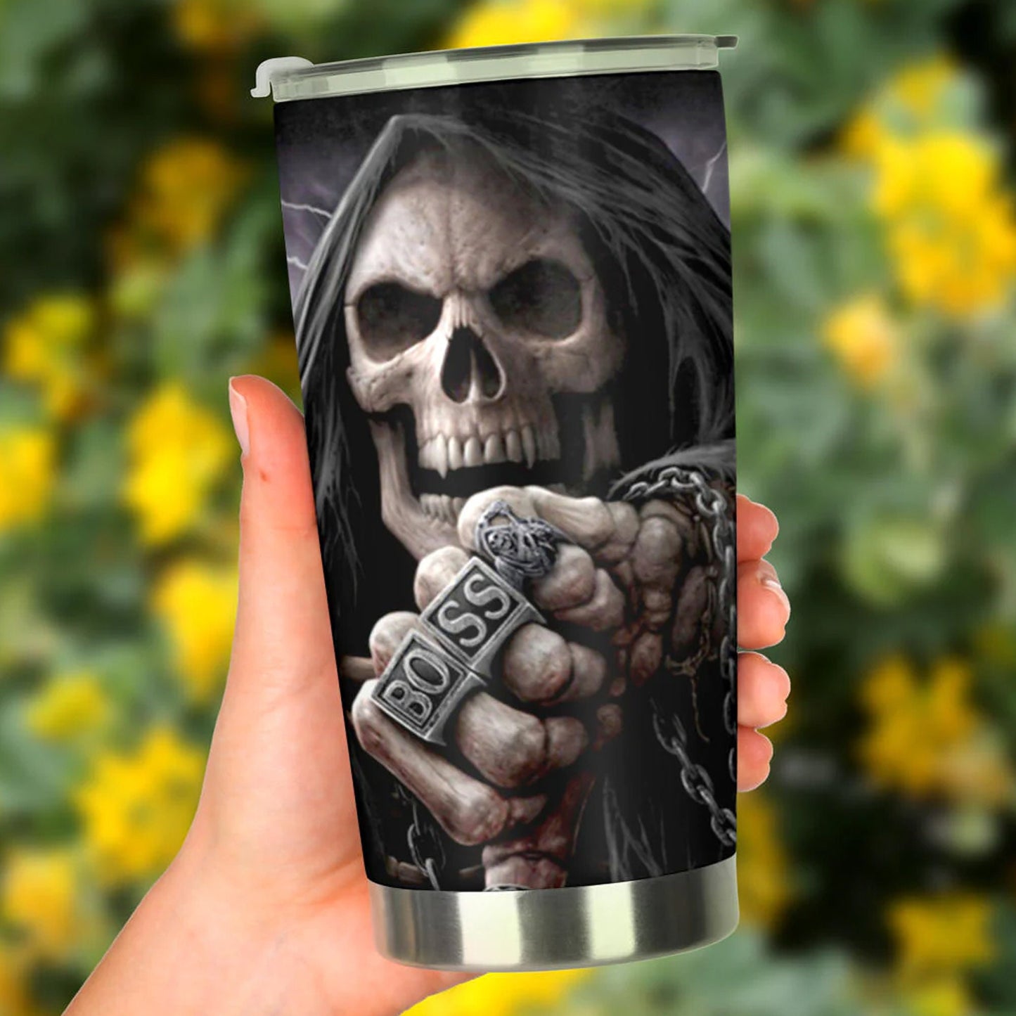 Grim reaper beer mug, flaming skull tumblr, skull in fire jumbo Mug, floral skull tumbler cup mug, goth tumbler cup mug, punisher skull mug