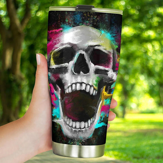 Biker skull travel mug, skull in fire freezer Mug, skeleton mug, skull in fire cup, floral skull tumblr, death skull cup, gothic skull mug