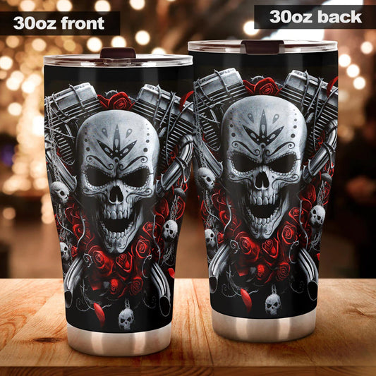 Biker skull tumblr, flaming skull tumbler, motorcycle skull freezer Mug halloween freezer Mug Motorcycle skull tumbler, skeleton freezer mug