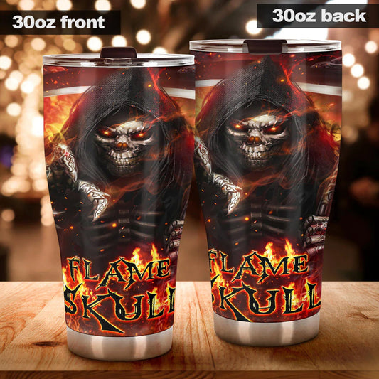 Skull in fire tumbler cup mug, goth jumbo Mug, rose skull beer mug, skeleton cup, halloween coffee mug, flaming skull cup, goth coffee mug